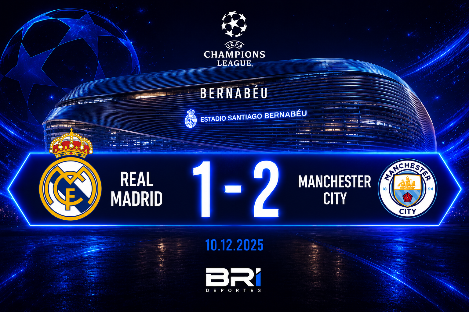 Real Madrid vs Manchester City en la Champions League 2025 con el marcador 1-2 y los escudos de ambos equipos