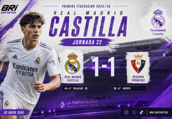 Real Madrid Castilla vs Osasuna Promesas en Primera Federación 2026 con el marcador 1-1 en el estadio Alfredo Di Stéfano