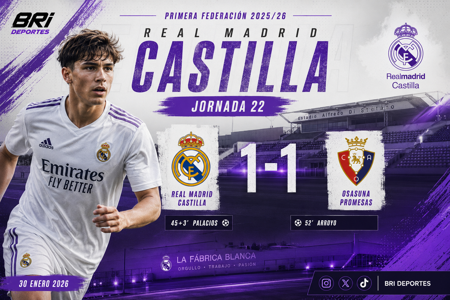 Real Madrid Castilla vs Osasuna Promesas en Primera Federación 2026 con el marcador 1-1 en el estadio Alfredo Di Stéfano