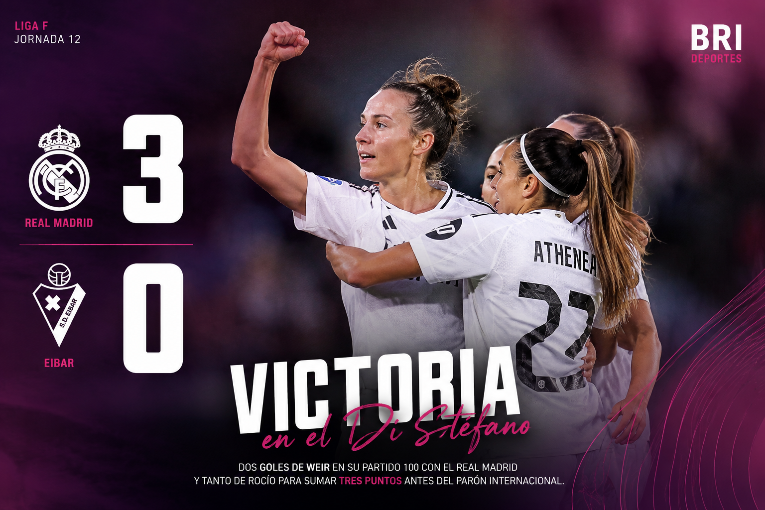 Real Madrid Femenino vs Eibar en Liga F con el marcador 3-0 y celebración de las jugadoras madridistas